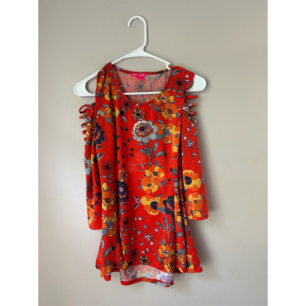 Y2K Sunny Leigh Red Floral‎ Print Cold Shoulder Long Sleeve Women's Retro Boho